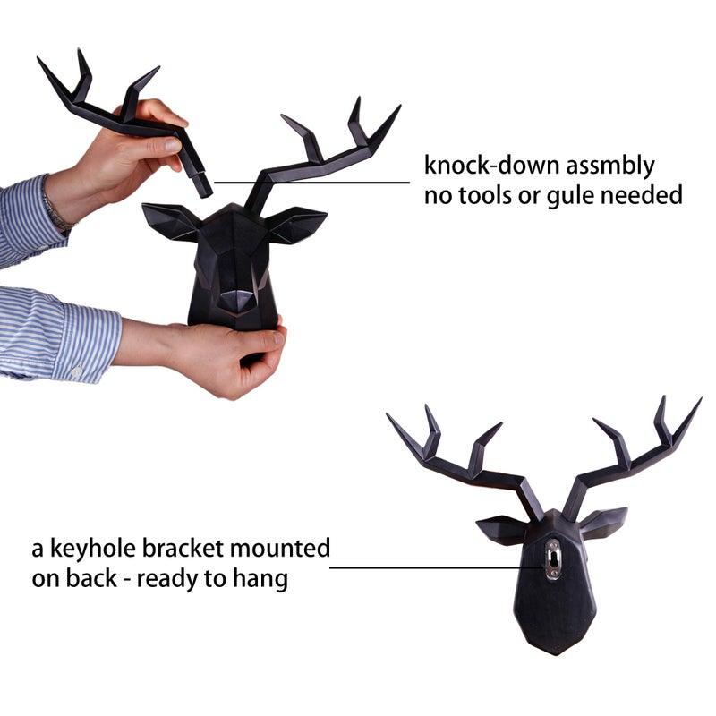 Keygift Deer Head Wall Decor Geometrical Black Deer Antlers Wall Sculpture Faux Taxidermy Resin Wall Animal Head 14x5.5x11 Inches - Image 5